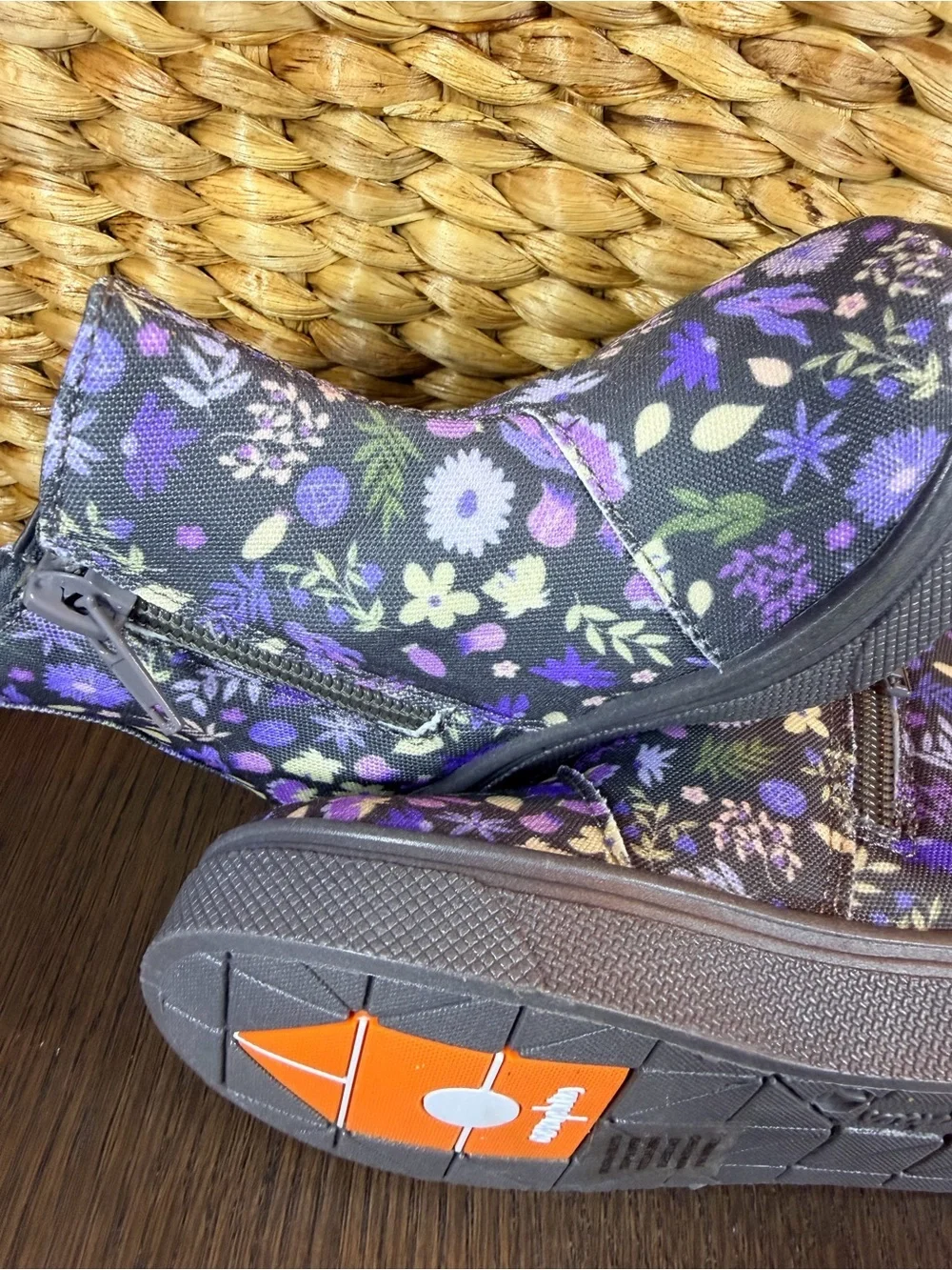 oomphies Purple Floral Toddler Ankle Boots with Heart and Buckle Accent